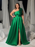 Plus Women's One Shoulder Formal Dress | Statement Ruffle Trim Accent | Corset Back & High Split