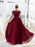Womens' Elegant Chiffon Evening Gown with V-Neck & Short Sleeves – Intricate Lace Floral Appliqués on Bodice, Floor-Length Flowing Skirt for Outdoor Ceremonies, Formal Garden Parties & Upscale Evening Events