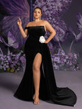 Plus Strapless Draped Side Split Mermaid Hem Velvet Evening Dress