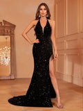 Halter Neck Backless Sequin Split Mermaid Dresses - Elonnashop