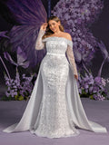 Plus Gorgeous Off Shoulder Sheer Sleeves Mermaid Hem Sequin Wedding Dress with Satin Train