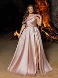 Plus Elegant Sloping Neck Split A-line Satin Formal Prom Dress