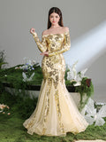 Teen Girls' Off Shoulder Long Sleeves Contrast Mesh Mermaid Hem Floral Sequin Party Dress