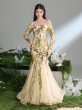 Teen Girls' Off Shoulder Long Sleeves Contrast Mesh Mermaid Hem Floral Sequin Party Dress