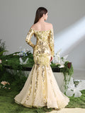 Teen Girls' Off Shoulder Long Sleeves Contrast Mesh Mermaid Hem Floral Sequin Party Dress