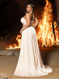 Plus Satin Strapless Evening Gown with Lace Appliqué | High Slit & Sweep Train
