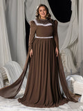 Plus Mock Neck Extra-Long Sleeves Chiffon Evening Gown with White Bead Accents