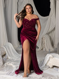 Plus Off-Shoulder Mermaid Gown with Sequined Velvet, High Slit & Floor-Length Train