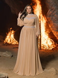 Plus Embellished High Neck Formal Dress | Long Sleeve Gown with Statement Waist & Full Skirt