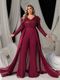 Plus V Neck Gigot Sleeves Sequin Prom Jumpsuit