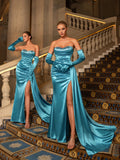 Elegant Rhinestone Detail Split Satin Formal Party Tube Dress (Gloves Included)