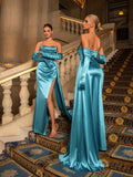 Elegant Rhinestone Detail Split Satin Formal Party Tube Dress (Gloves Included)