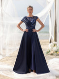 Womens' Elegant Beaded & Sequined Satin Jumpsuit with V-Neckline, Low Back & Flowing Skirt – Glamorous Evening Wear