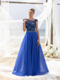 Womens' Elegant Evening Gown: Embroidered Lace Bodice & Flowing Chiffon Skirt – Diagonal Neckline & Cap Sleeves Formal Dress