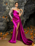 Elegant One-Shoulder Satin Mermaid Gown with Sheer Tulle Beads, Rhinestones & High Slit