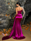 Elegant One-Shoulder Satin Mermaid Gown with Sheer Tulle Beads, Rhinestones & High Slit