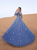 Luxury Gorgeous Square Collar Long Sleeves Beaded Sequin Formal Dress