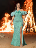 Plus Off Shoulder Ruffle Trim Split Thigh Sequin Mermaid Dress