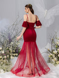 Maternity Puff Sleeve Mermaid Hem Velvet Cami Dress