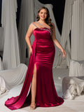 Plus Size Satin One-Shoulder Mermaid Evening Gown with High Slit & Rhinestone Chain