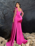 Plus Satin Evening Gown with Sweetheart Neckline & Sequin Embellished Sleeves – High Slit Mermaid Silhouette for Luxury Weddings or Red Carpet Events, 1XL-3XL