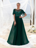 Womens' Elegant Lace Floor-Length Evening Gown for Mother of the Bride – Flared Short Sleeves, Chest-to-Waist Lace Motifs, Voluminous Flowing Skirt for Beach Coastal Weddings & Family Gatherings