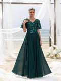 Womens' Elegant Mother-of-the-Bride Gown: Floral Sequin-Embellished Bodice & Chiffon Skirt – V Neckline & Flutter Sleeves for Coastal Weddings
