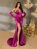Elegant Ruched Wrap Hem Satin Tube Prom Dress(Gloves Included)