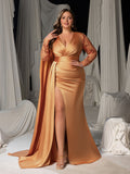 Plus Satin Deep V-Neck Long Sleeves Evening Gown - Formal Dresses with High Slit
