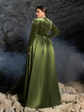 Plus V Neck Long Sleeve Belted Satin A Line Dress