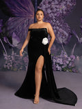 Plus Strapless Draped Side Split Mermaid Hem Velvet Evening Dress