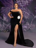 Plus Strapless Draped Side Split Mermaid Hem Velvet Evening Dress