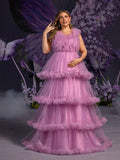 Plus Maternity V Neck Sleeveless Ruffle Trim Layered Hem Photography Dress