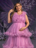 Plus Maternity V Neck Sleeveless Ruffle Trim Layered Hem Photography Dress