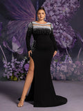 Plus Pearl Embellished Split Mermaid Hem Formal Dress Wedding Dress