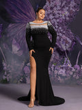 Plus Pearl Embellished Split Mermaid Hem Formal Dress Wedding Dress