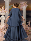 Plus Womens' Lace & Chiffon Mother-of-the-Bride Dress: Flowing Beach Wedding Gown with Mid-Sleeve Detailing & Dramatic Skirt