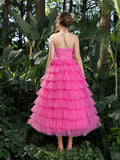 Midi Elegant Strapless Tulle Gown with Ruffled Layers – Voluminous Dress for Tropical Events, Garden Parties & Summer Galas