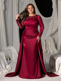 Plus Long Sleeves Mermaid Hem Satin Evening Dress with Floral Sequin Accents