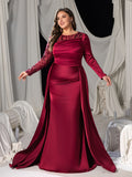 Plus Long Sleeves Mermaid Hem Satin Evening Dress with Floral Sequin Accents