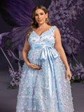 Plus Maternity Plunging Neck Sleeveless Applique Detail Tulle Overlay Party Dress