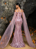Elegant Crisscross Halter Neck Cloak Sleeves Mermaid Hem Sequin Formal Dress