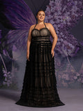 Plus Gorgeous Halter Neck Lace-up Back Cascading Ruffle Hem Tulle Wedding Dress