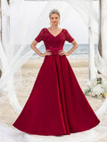 Womens' Lace & Satin A-Line Mother-of-the-Bride Gown with V-Neck Detail