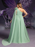Plus Matenity One-Shoulder Chiffon Gown with Floral Appliqué & Floor-Length Train – Elegant 1XL-5XL Pregnancy Dress