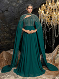 Gorgeous High Neck Chiffon Gown with Detachable Cape | Asymmetrical Cutout & Beaded Embroidery