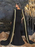 Elegant Mermaid Evening Gown with Square Neckline, Transparent Cape & Belted Waist, Golden Embroidered Edges