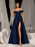 Elegant Off-Shoulder Evening Gown with Sequin Embellishments – High Slit Satin Skirt & Back Zipper for Luxury Weddings or Evening Glam, XS-XL