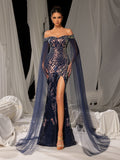 Elegant Graphic Sequin Evening Gown with Translucent Sleeves and High Slit – Mermaid Silhouette for Luxury Weddings or Galas, XS-XL
