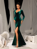 Elegant Velvet Evening Gown – Sweetheart Neckline and Thigh-High Slit, Luxury Dress for Glamorous Evening Wear, XS-XL